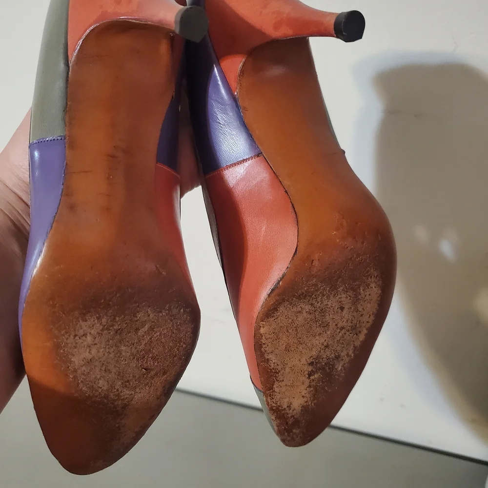 1960s Colorblock Heels Pumps Button Front Teal Grey Purple Coral Size 6.5 - Picture 5 of 7